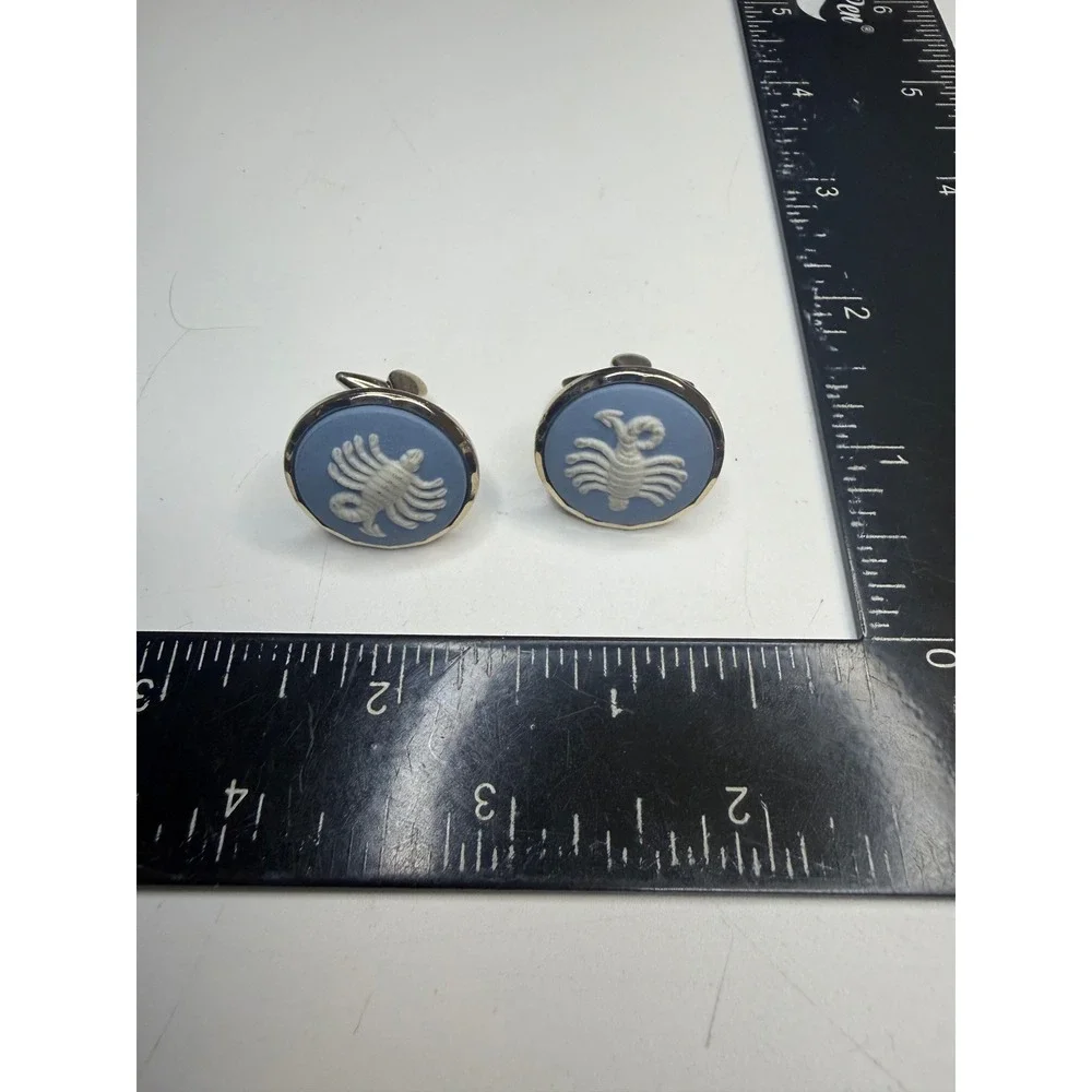 Wedgwood Jasperware Scorpio Cufflinks Blue White Scorpion Gold Tone Zodiac Mens